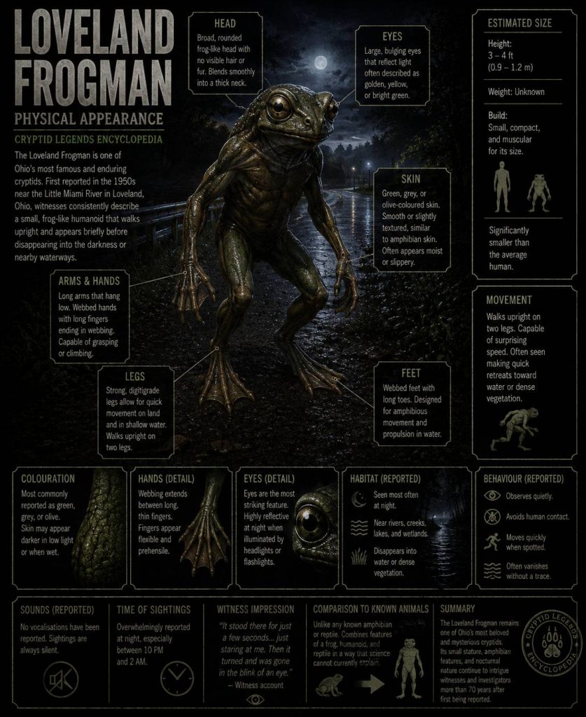Loveland Frogman Cryptid Physical Appearance Description Encyclopedia Profile