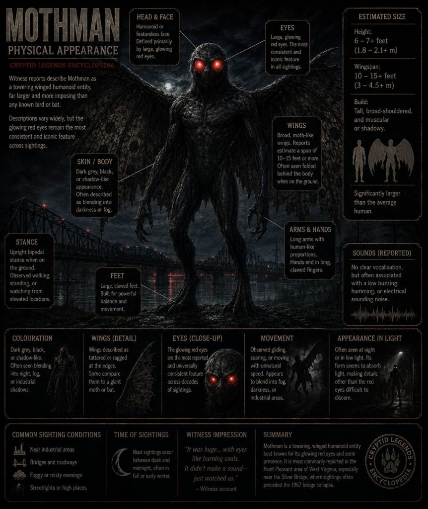 Mothman Cryptid Physical Appearance Encyclopedia Profile